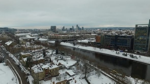 Panorama Over The City Near River With Rotation, Winter 1