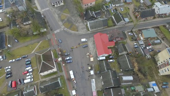 Panorama Over Small Town With Rotation, Fair On Street