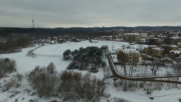 Aerial View Over The City Near River, Winter 1