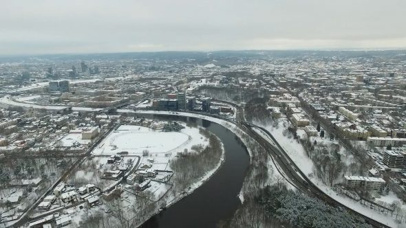 Aerial View Over The City Near River, Winter 3