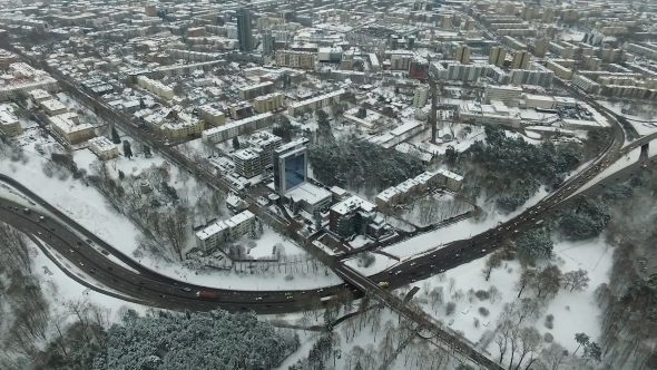 Aerial View Over The City Near River, Winter 5