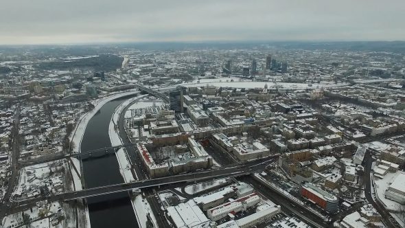 Aerial View Over The City Near River, Winter 7