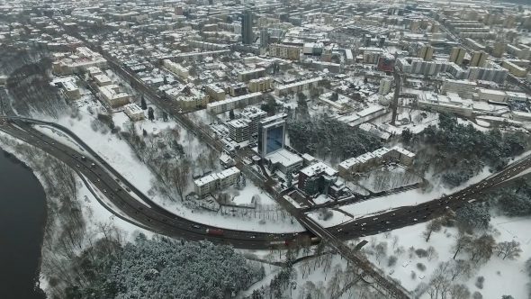 Aerial View Over The City Near River, Winter 4