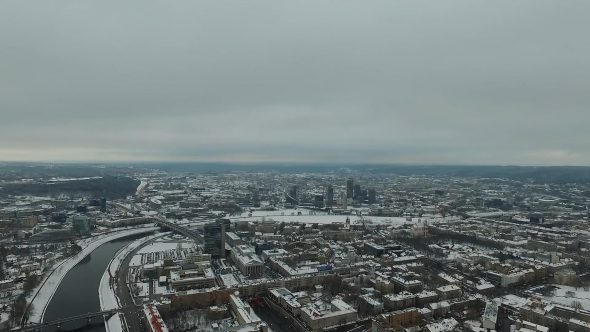 Aerial View Over The City Near River, Winter 8